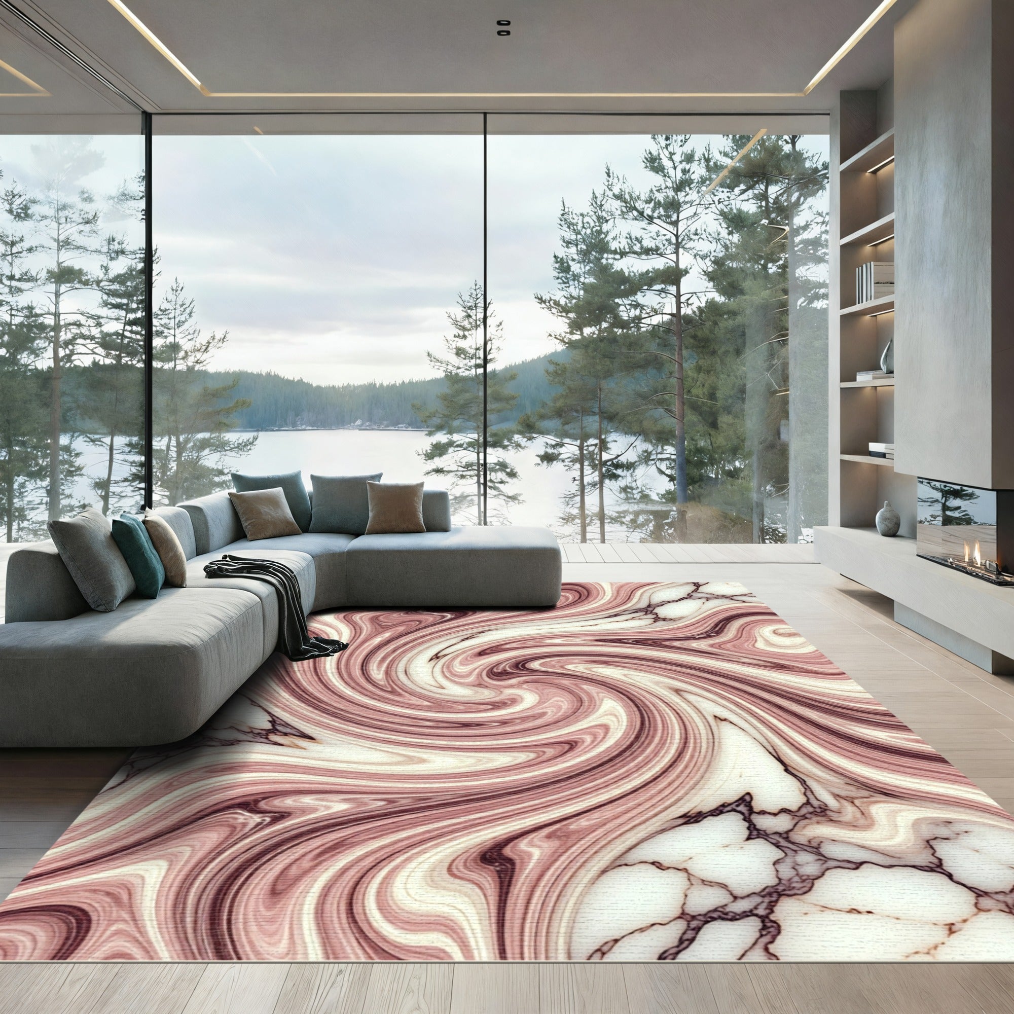 Rose Gold Swirl Marble Abstract Rug
