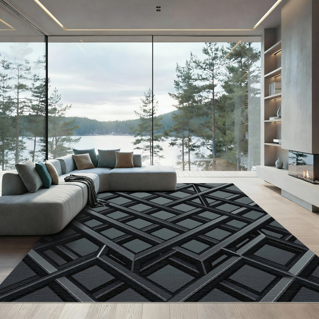Monochrome Metallic Interlocking Grid Rug