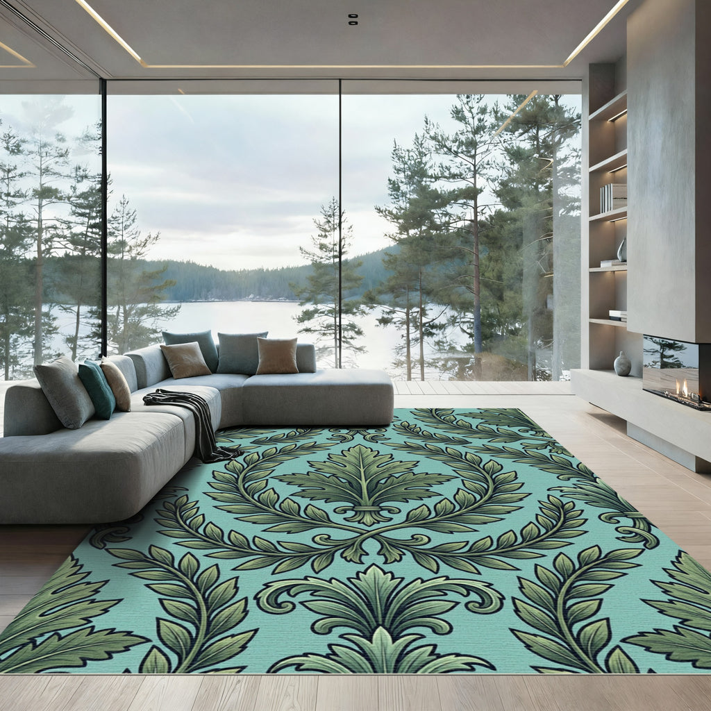 Green Laurel Fern Damask Rug