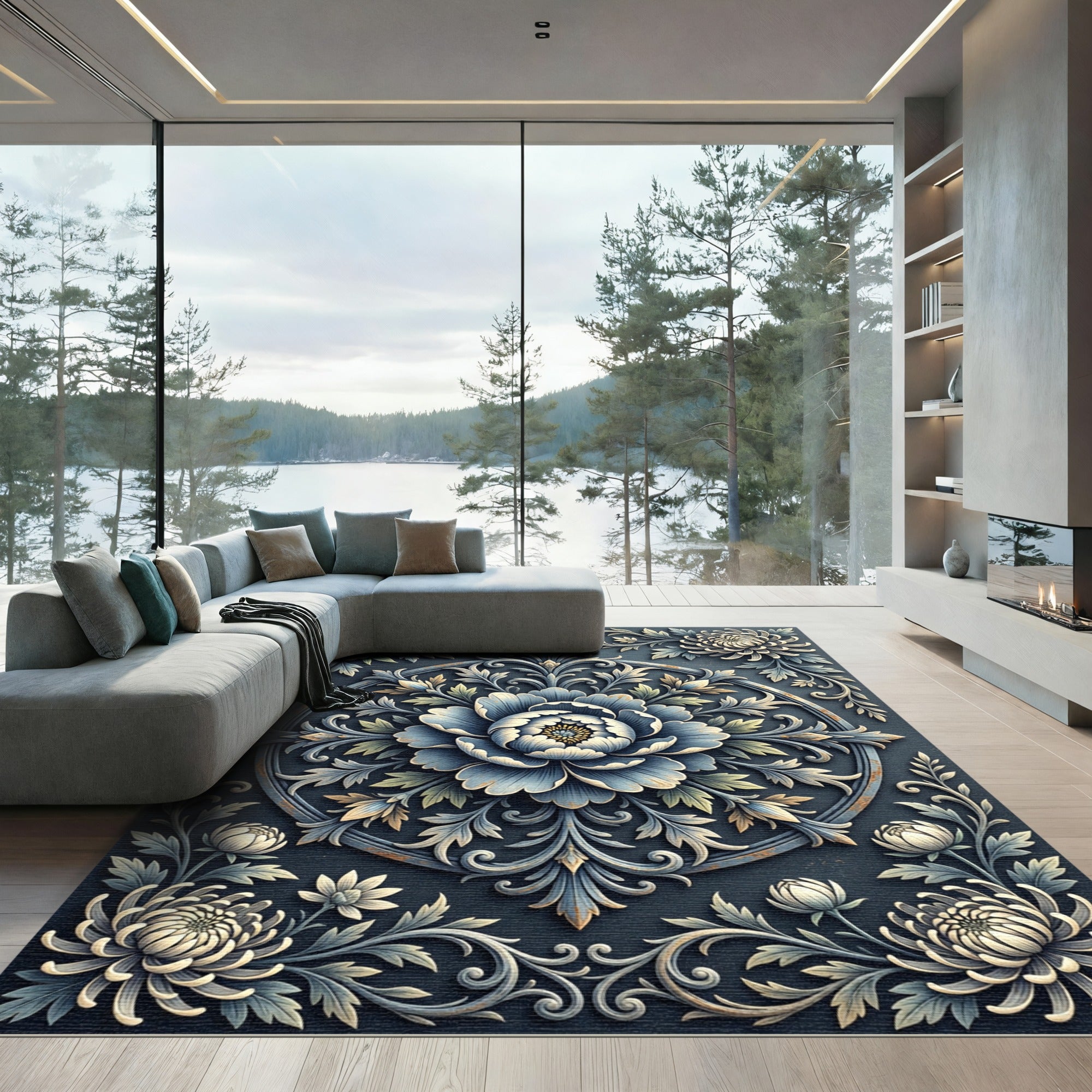 Ornate Blue Floral Scrollwork Rug