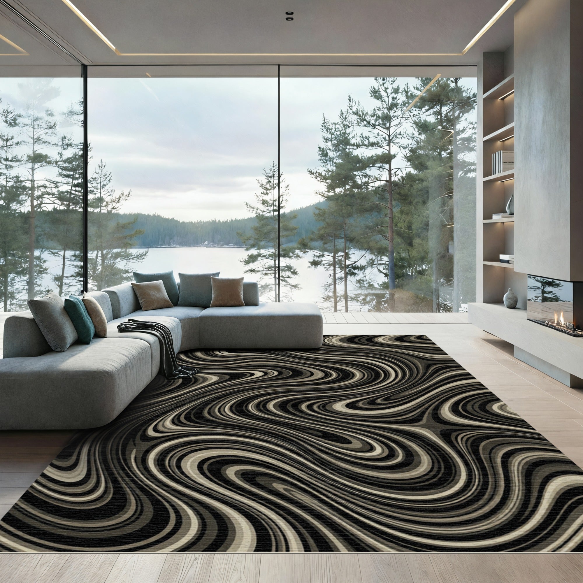 Dark Gray Swirl Marble Abstract Rug