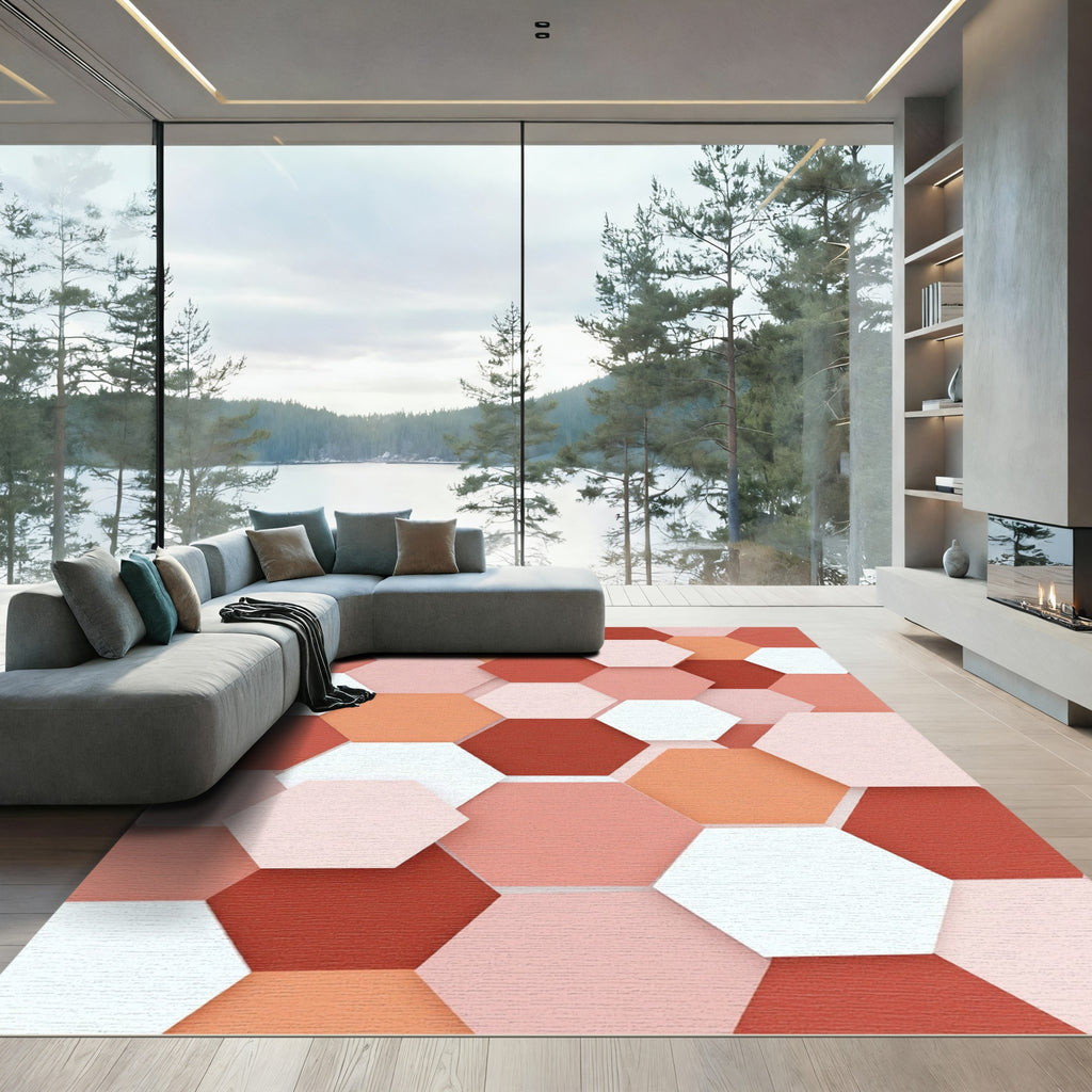 Modern Terracotta Hexagon Geometric Art Rug