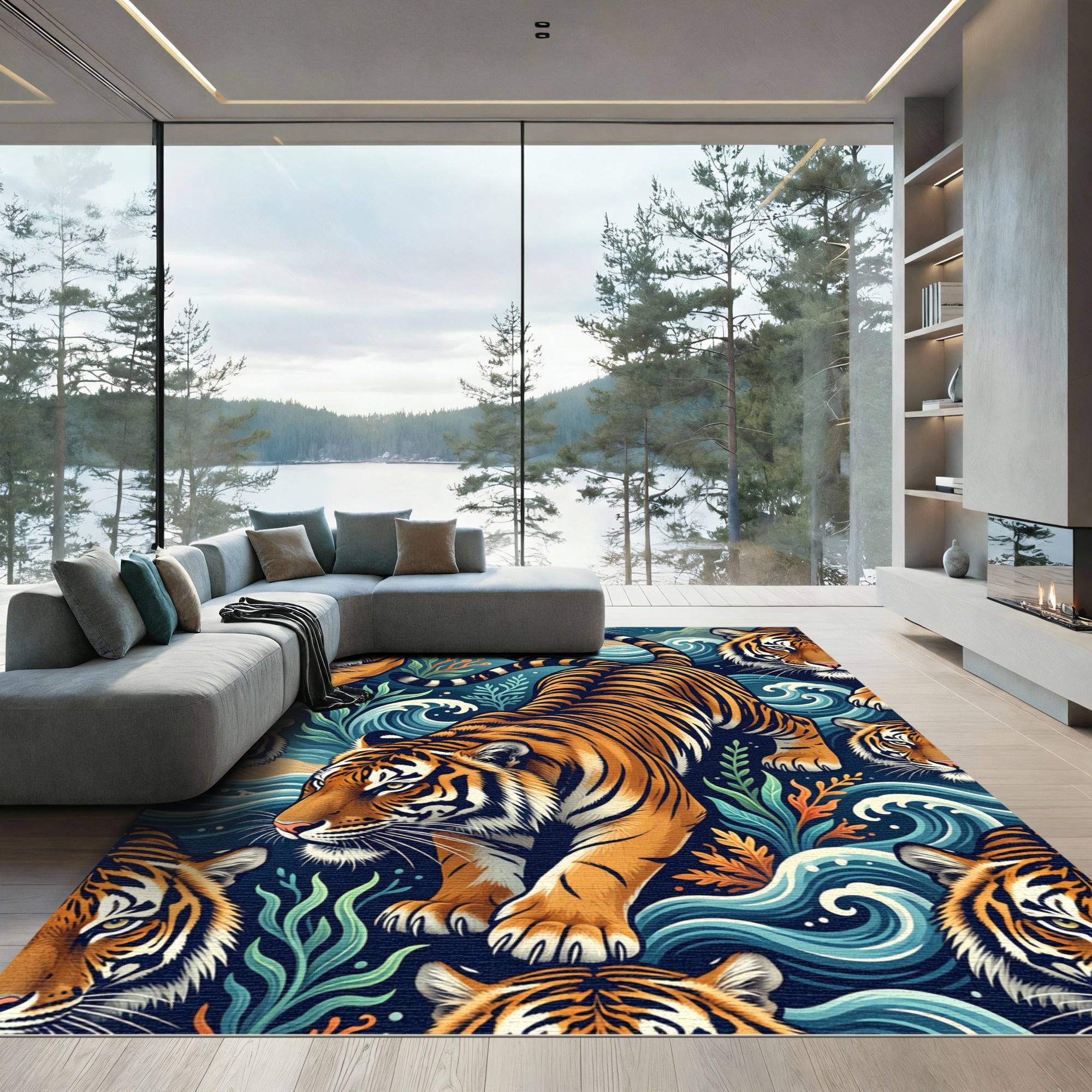 Bold Tiger Swirl Aquatic Scene Rug