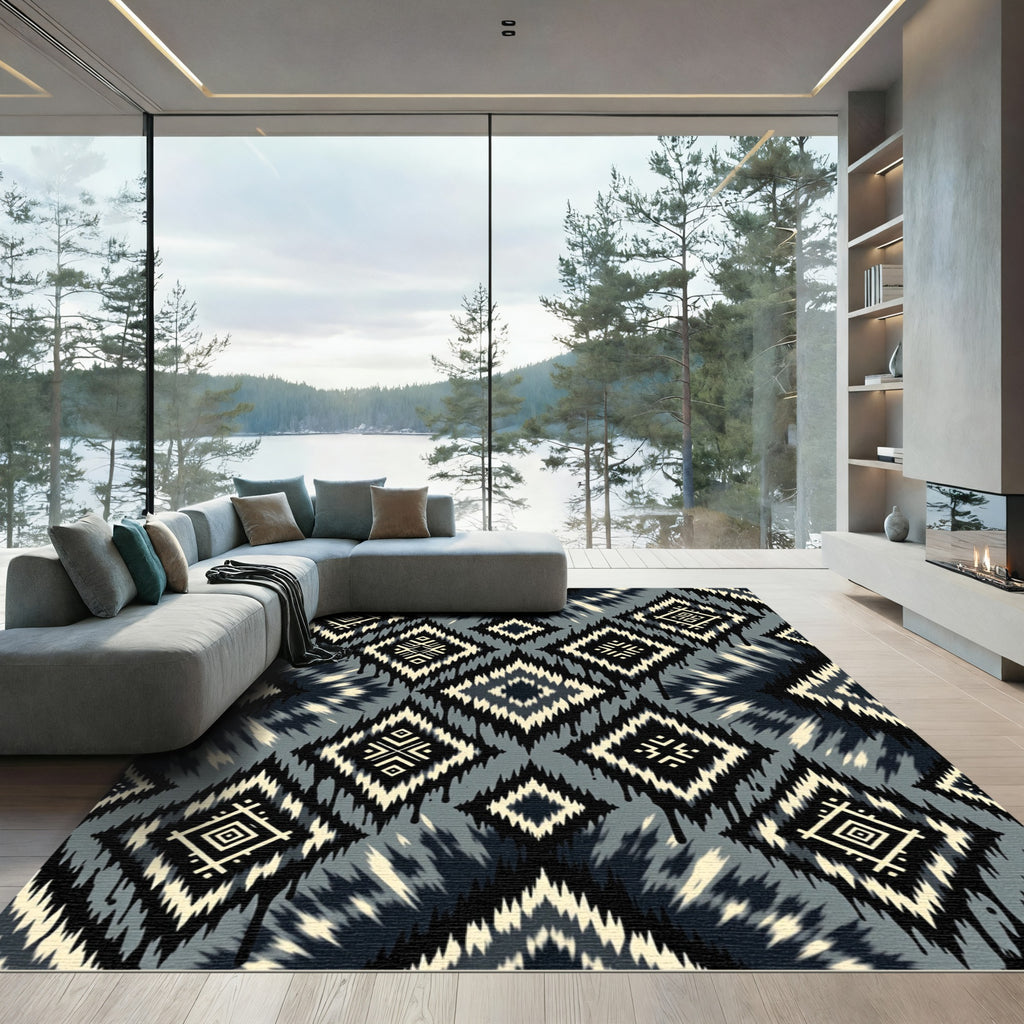 Black White Gray Diamond Ikat Rug
