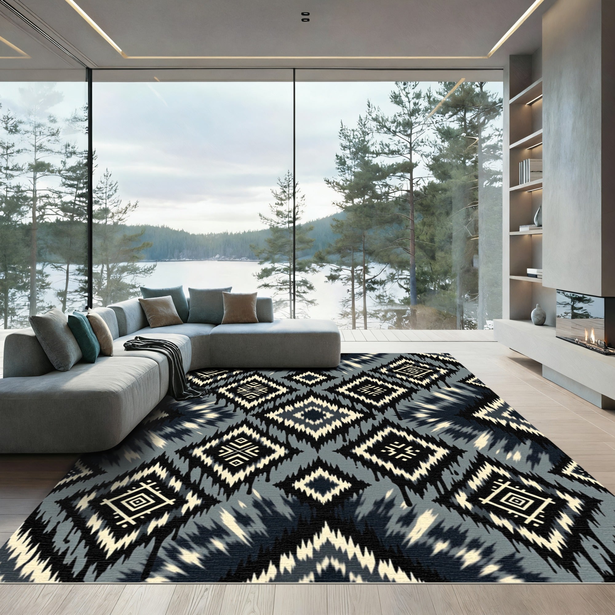 Black White Gray Diamond Ikat Rug
