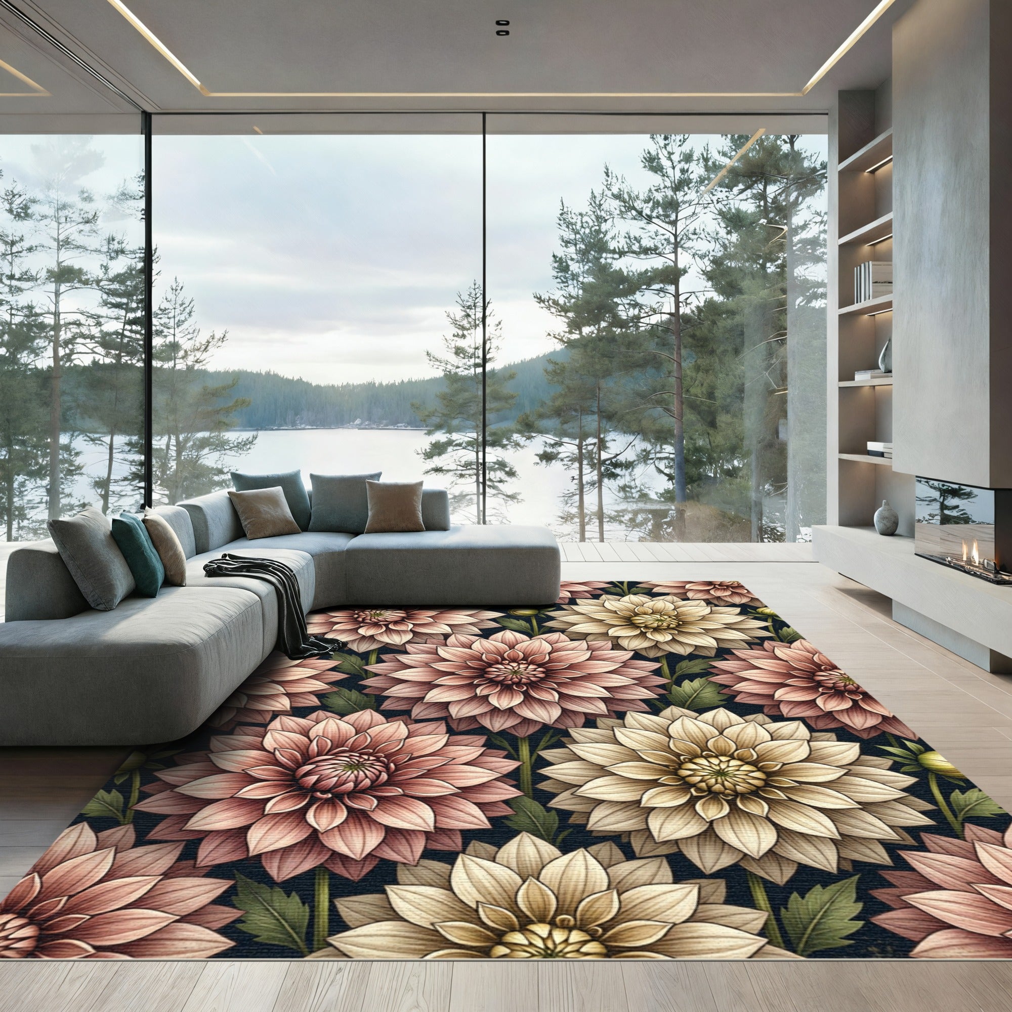 Blush and Cream Dhalia Floral Garden Rug