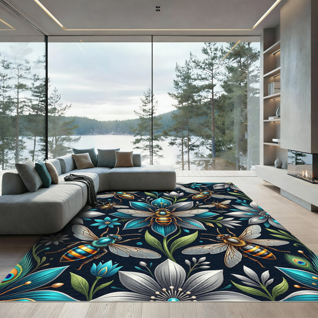 Elegant Teal Blue Honeybee Floral Garden Rug