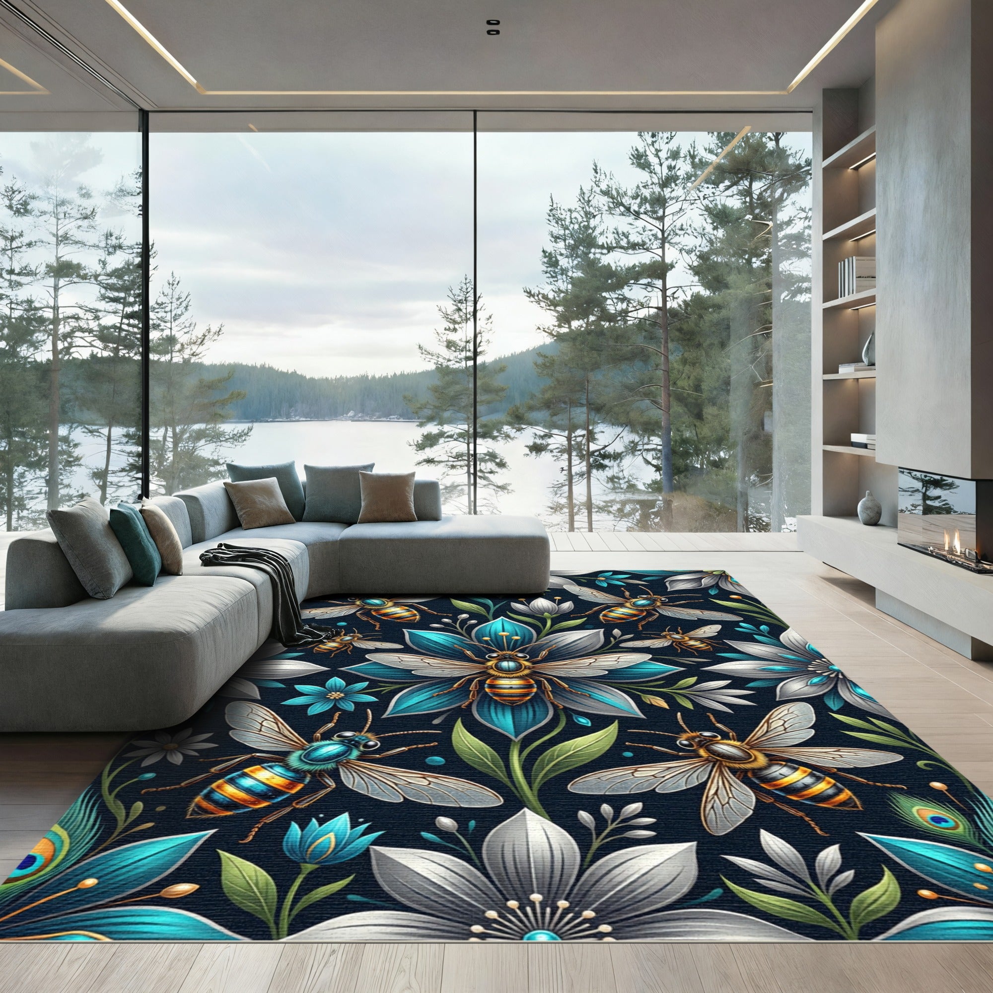 Elegant Teal Blue Honeybee Floral Garden Rug