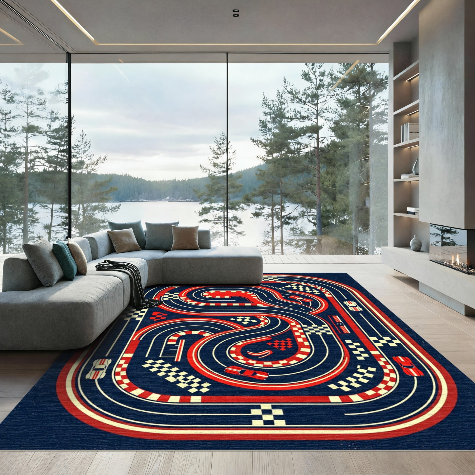 Retro Red and Navy Racing Track Rug