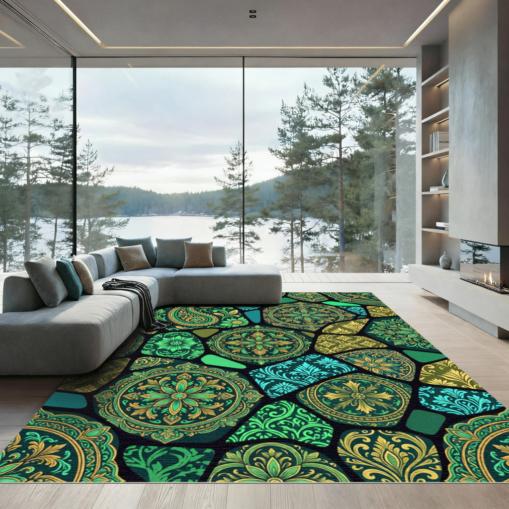 Emerald Green Floral Mosaic Rug