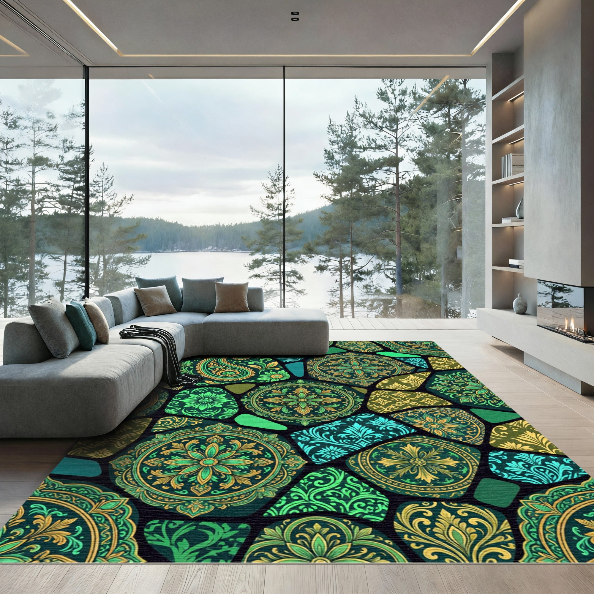 Emerald Green Floral Mosaic Rug