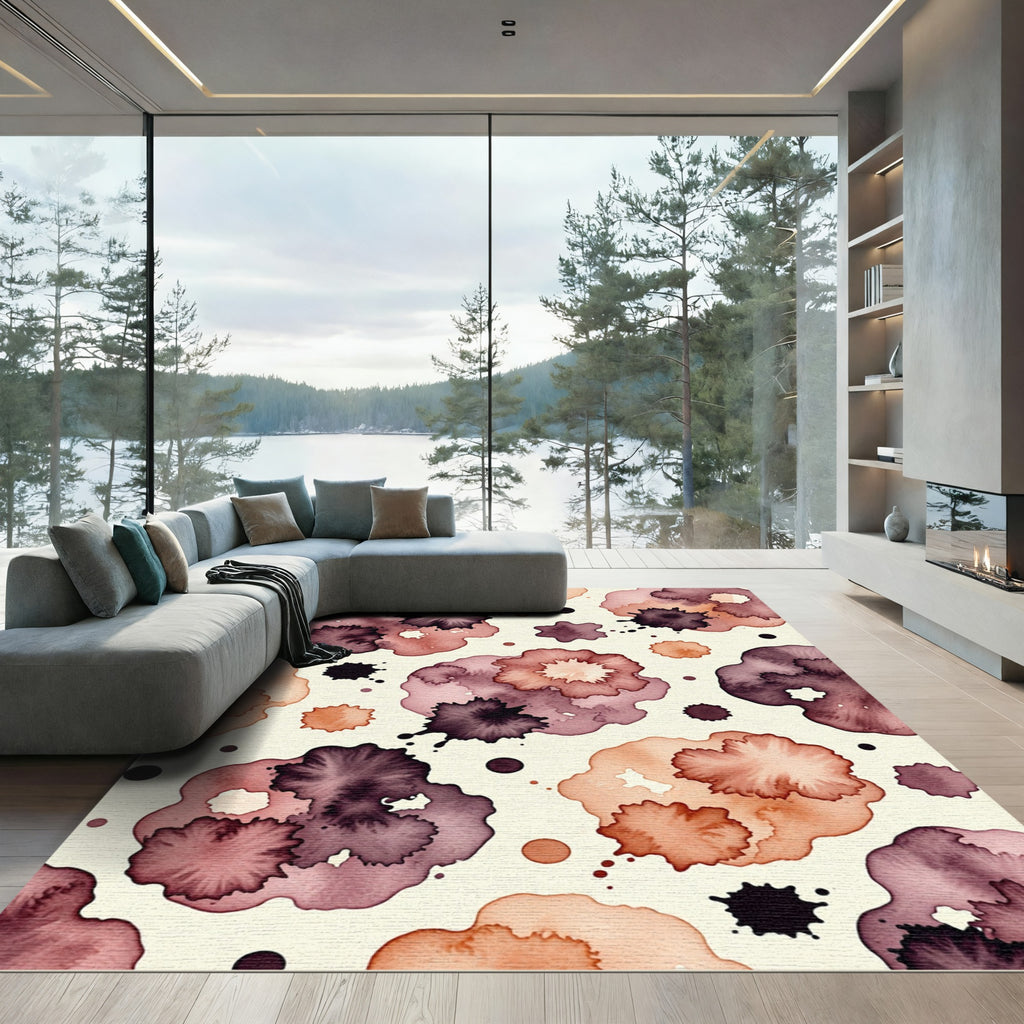 Abstract Watercolor Ink Blotch Terracotta Plum Rug