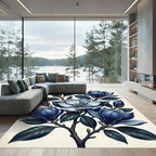 Elegant Navy Magnolia Botanical Illustration Rug