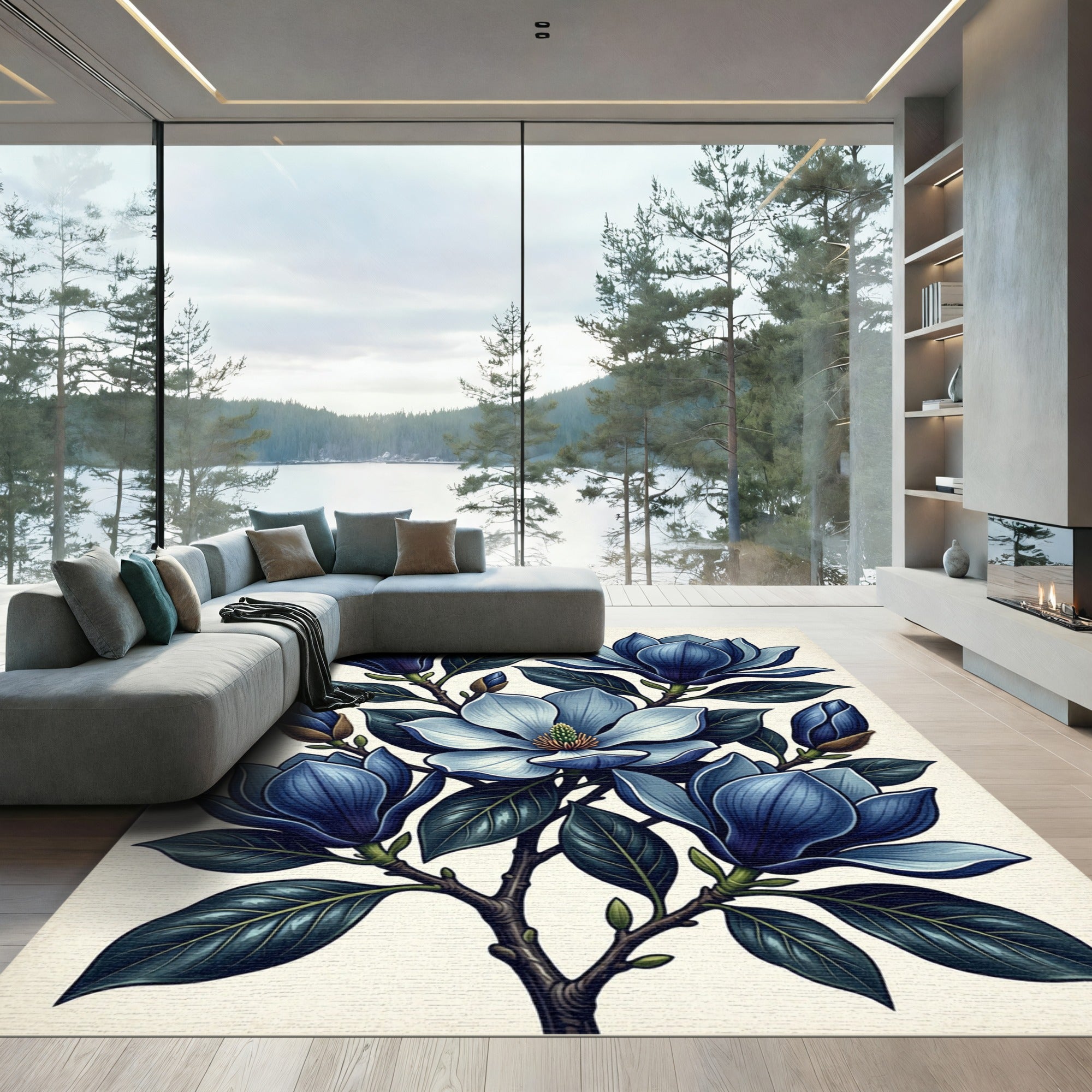 Elegant Navy Magnolia Botanical Illustration Rug