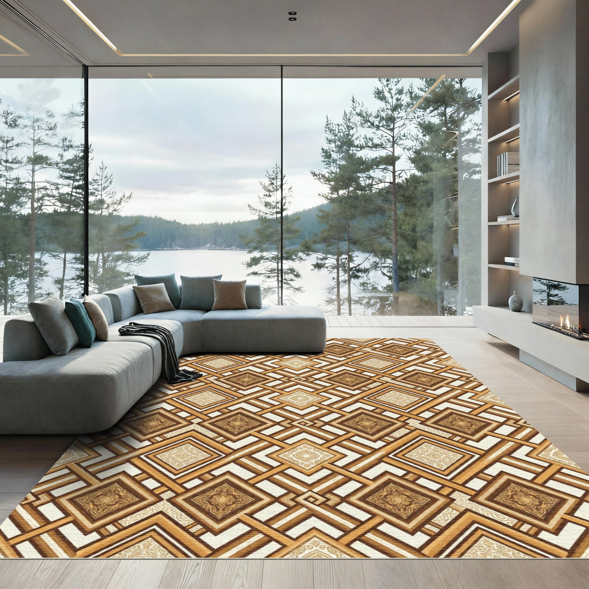 Brown Geometric Interlocking Square Rug