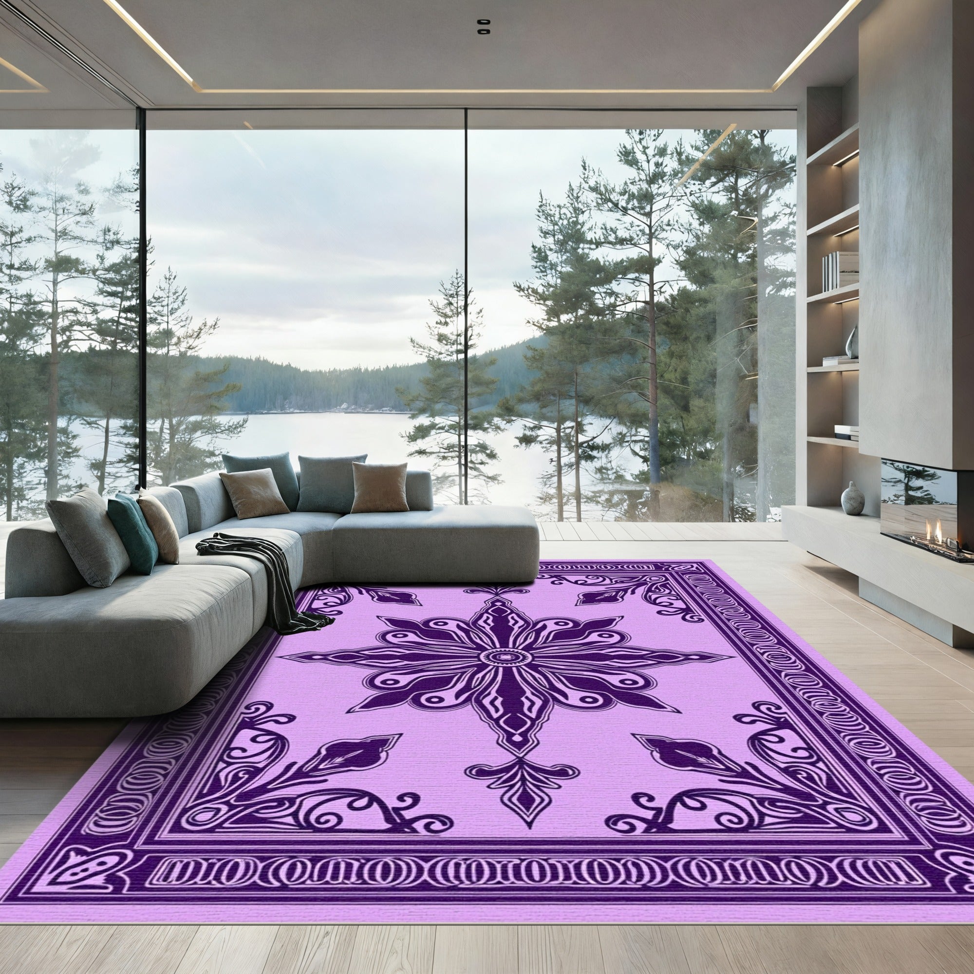 Purple Floral Medallion Frame Rug