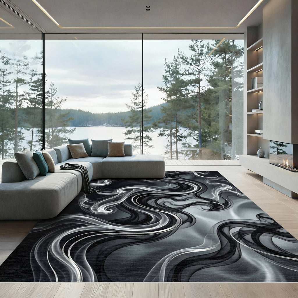 Dark Gray Swirling Smoke Abstract Rug
