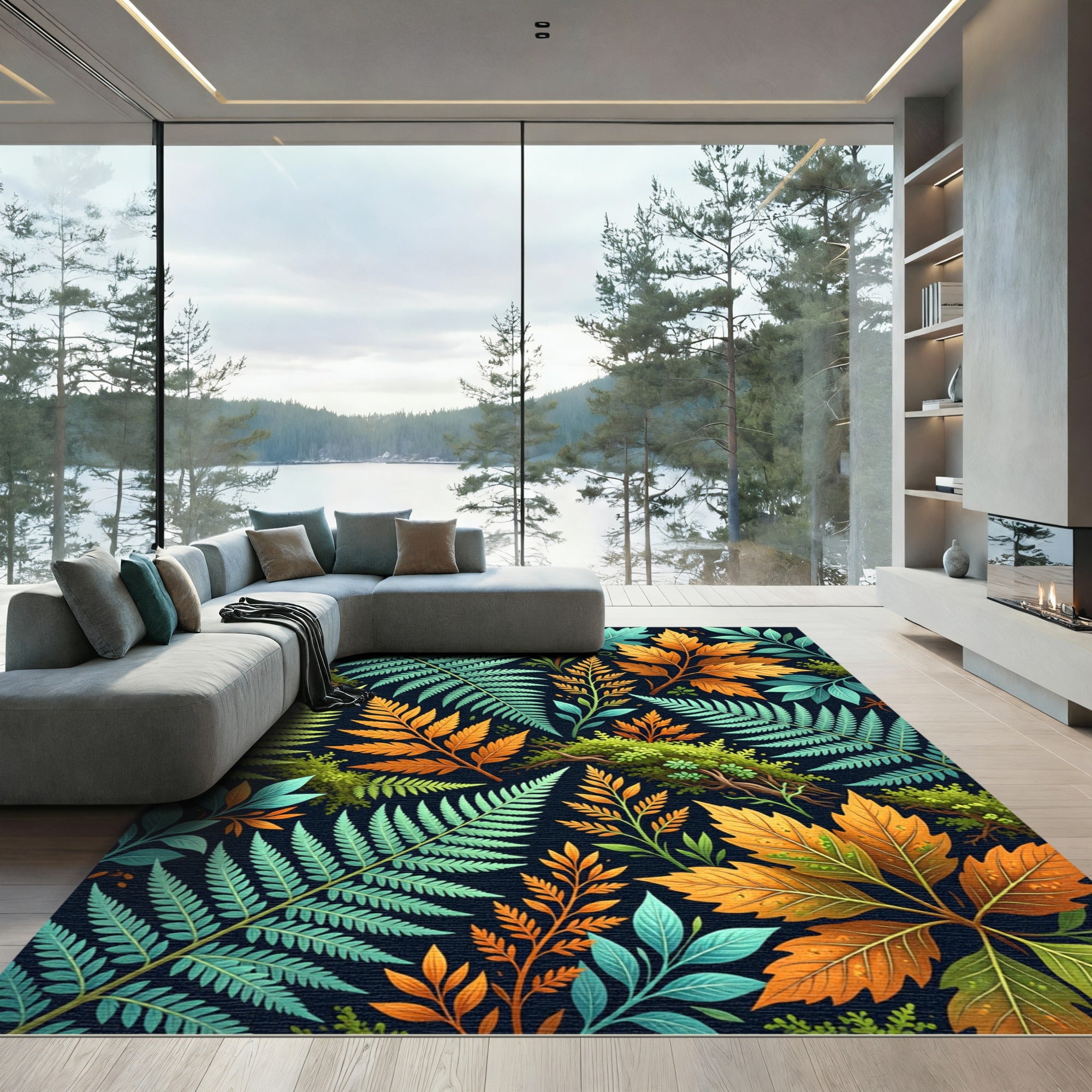 Botanical Fern and Autumn Leaf Collage Rug