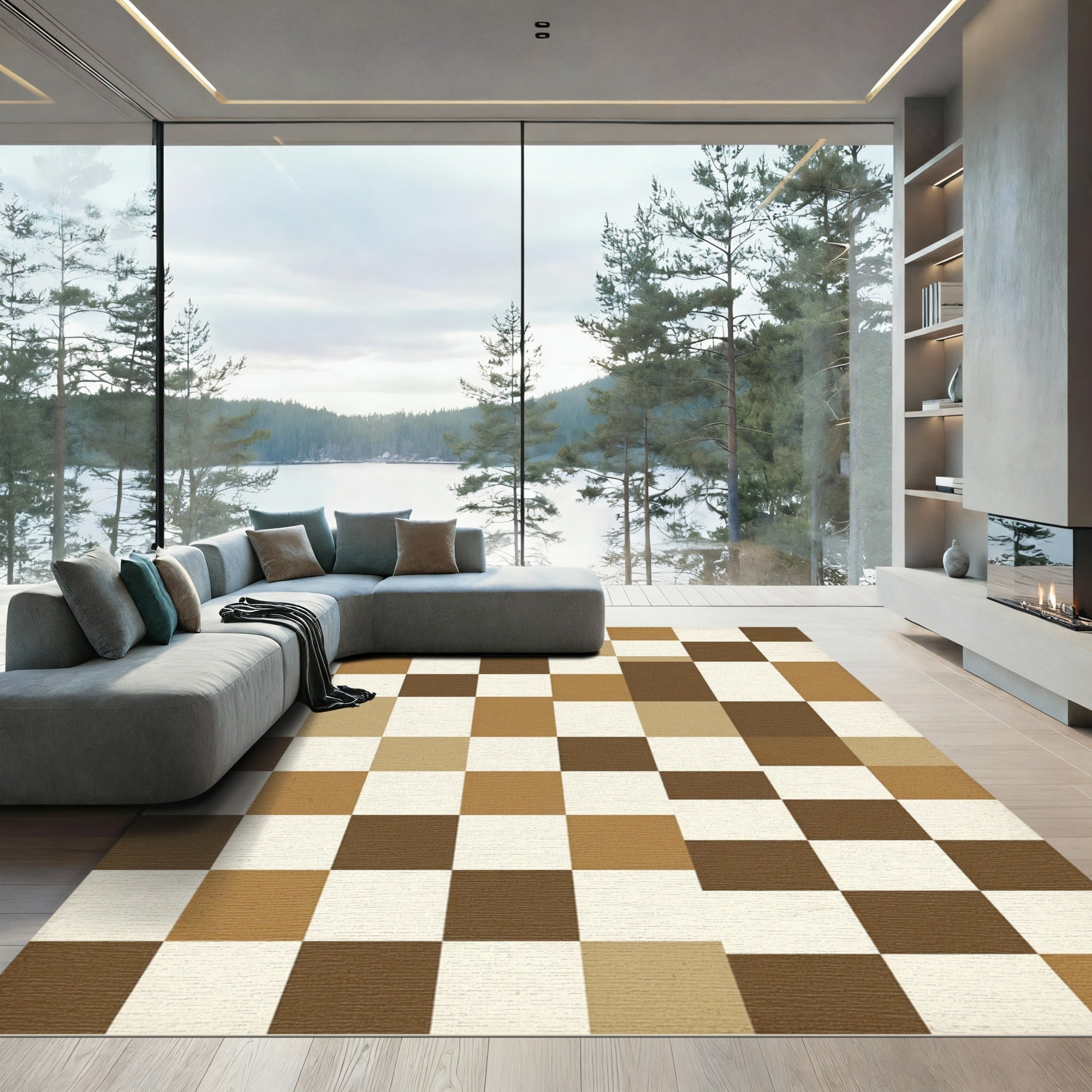 Earthy Brown Checkerboard Squares Rug