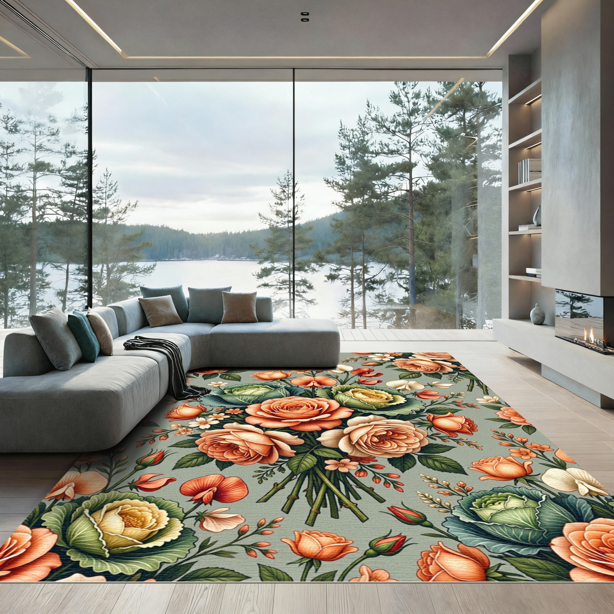 Peach Roses Cabbage Floral Arrangement Rug