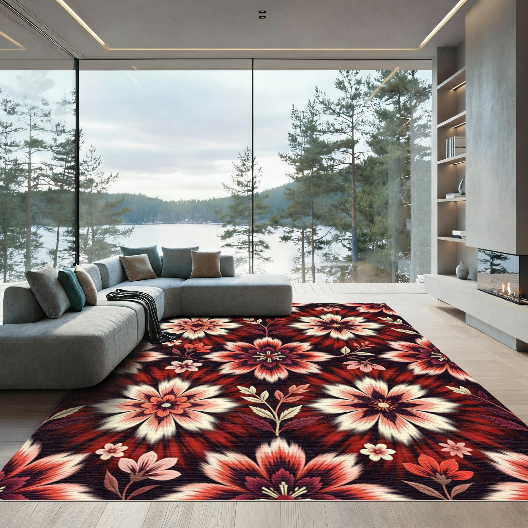 Burgundy Cream Floral Starburst Rug