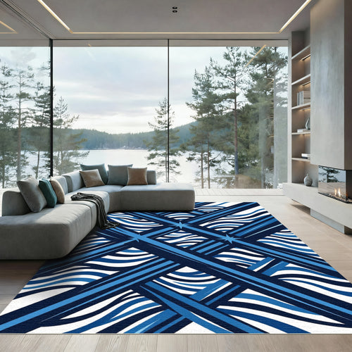 Abstract Geometric Navy Azure Wave Rug