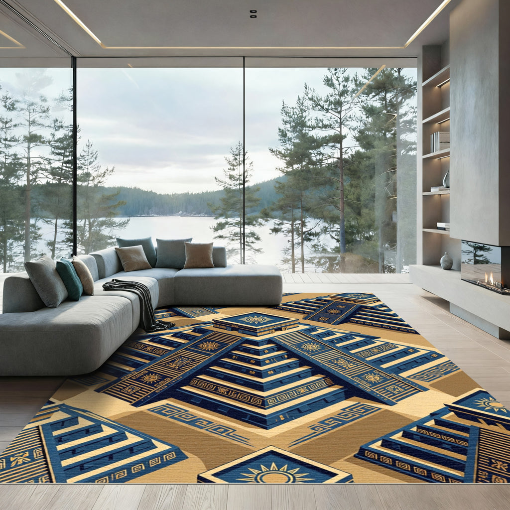 Golden Sun Ancient Step Temple Geometric Rug