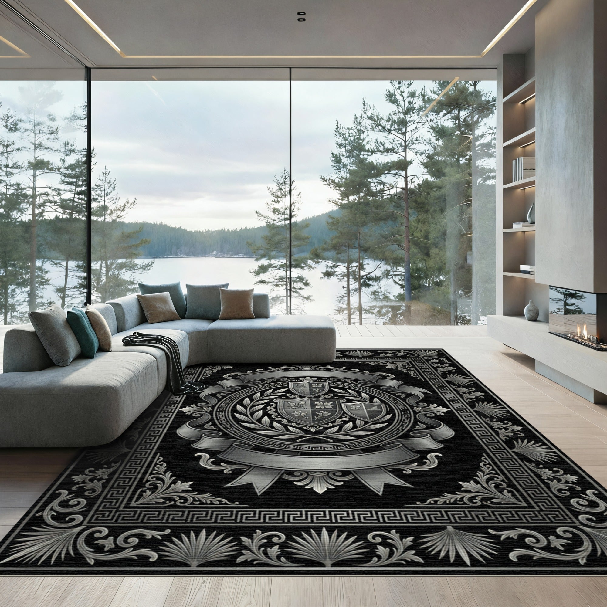 Ornate Silver Crest Laurel Wreath Rug