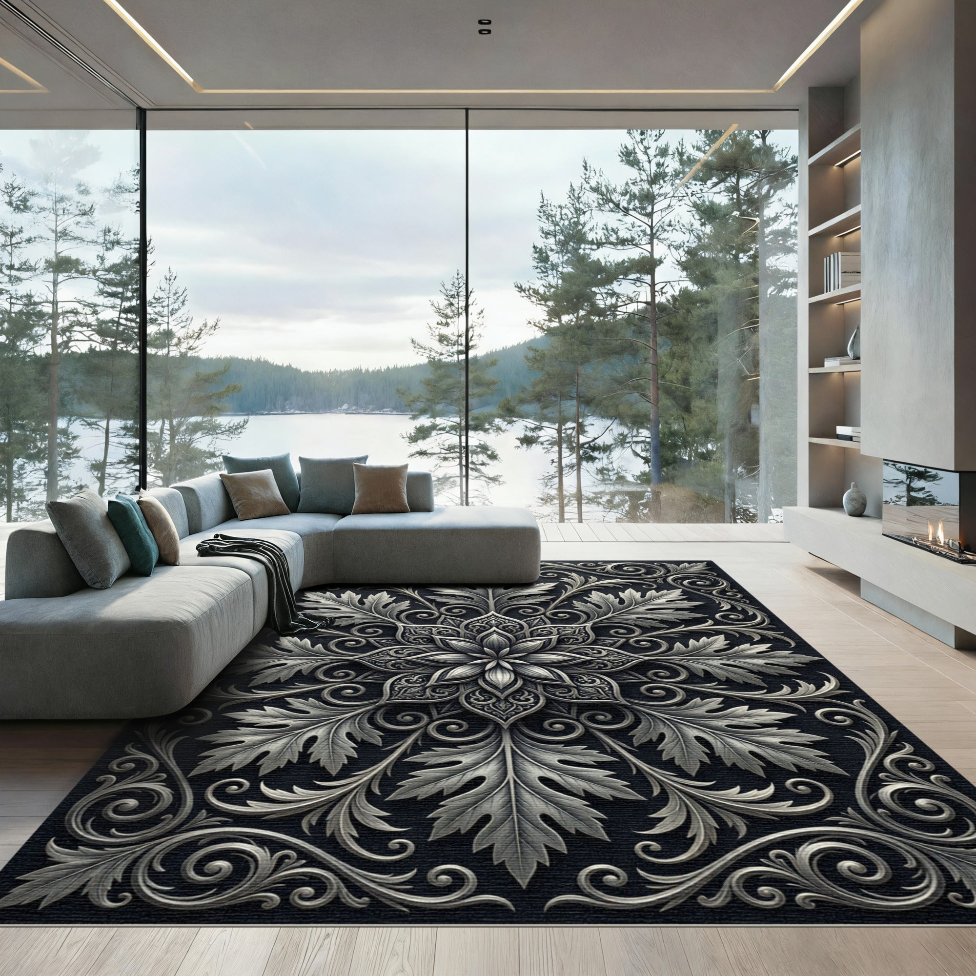 Antique Silver Floral Scroll Medallion Rug