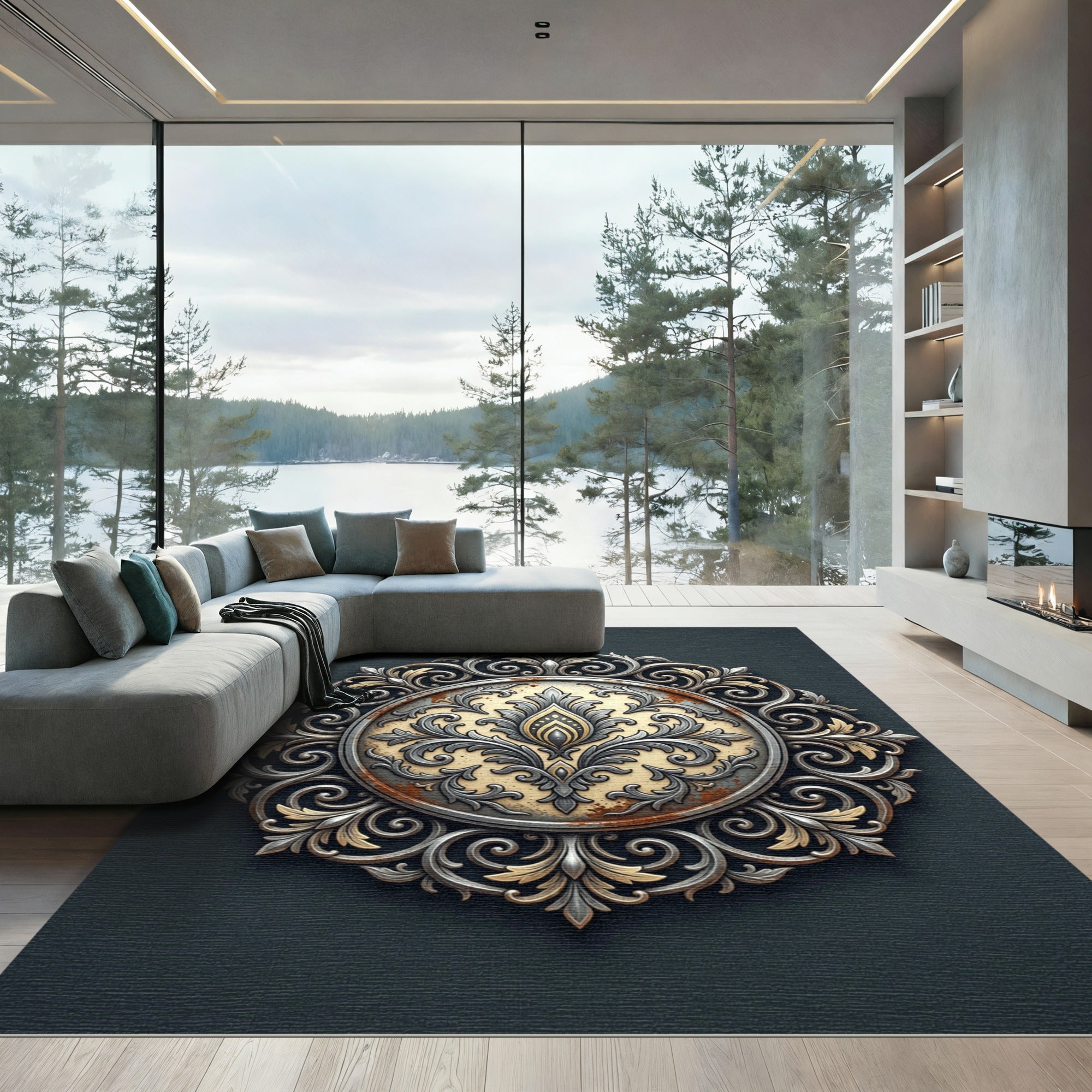 Antique Gold Silver Filigree Medallion Rug