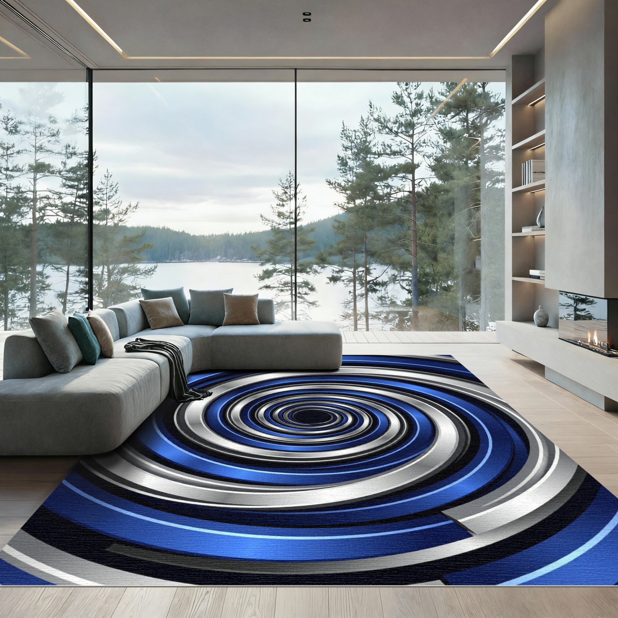 Metallic Blue Silver Spiraling Vortex Rug