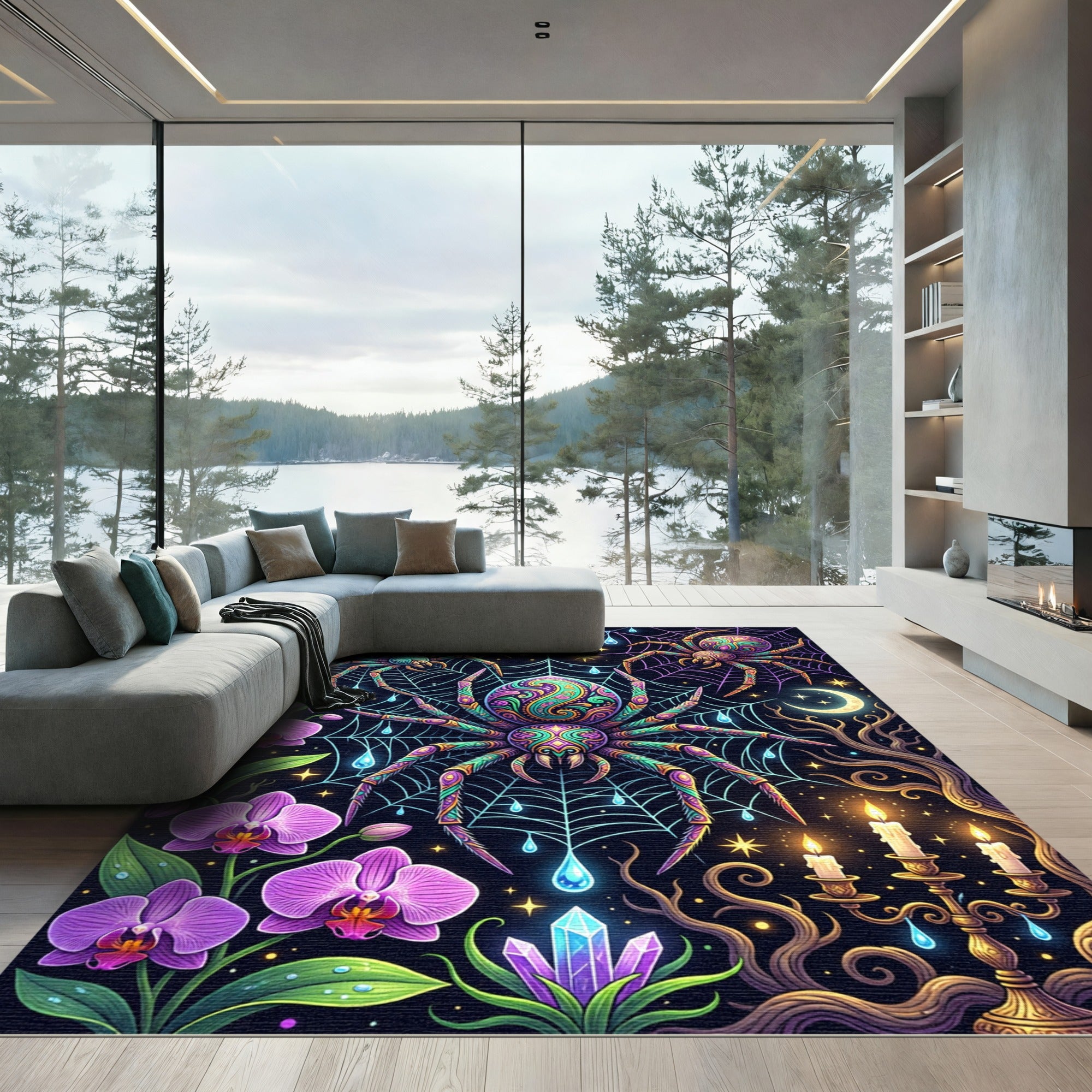 Mystical Neon Spider Web Floral Moon Rug