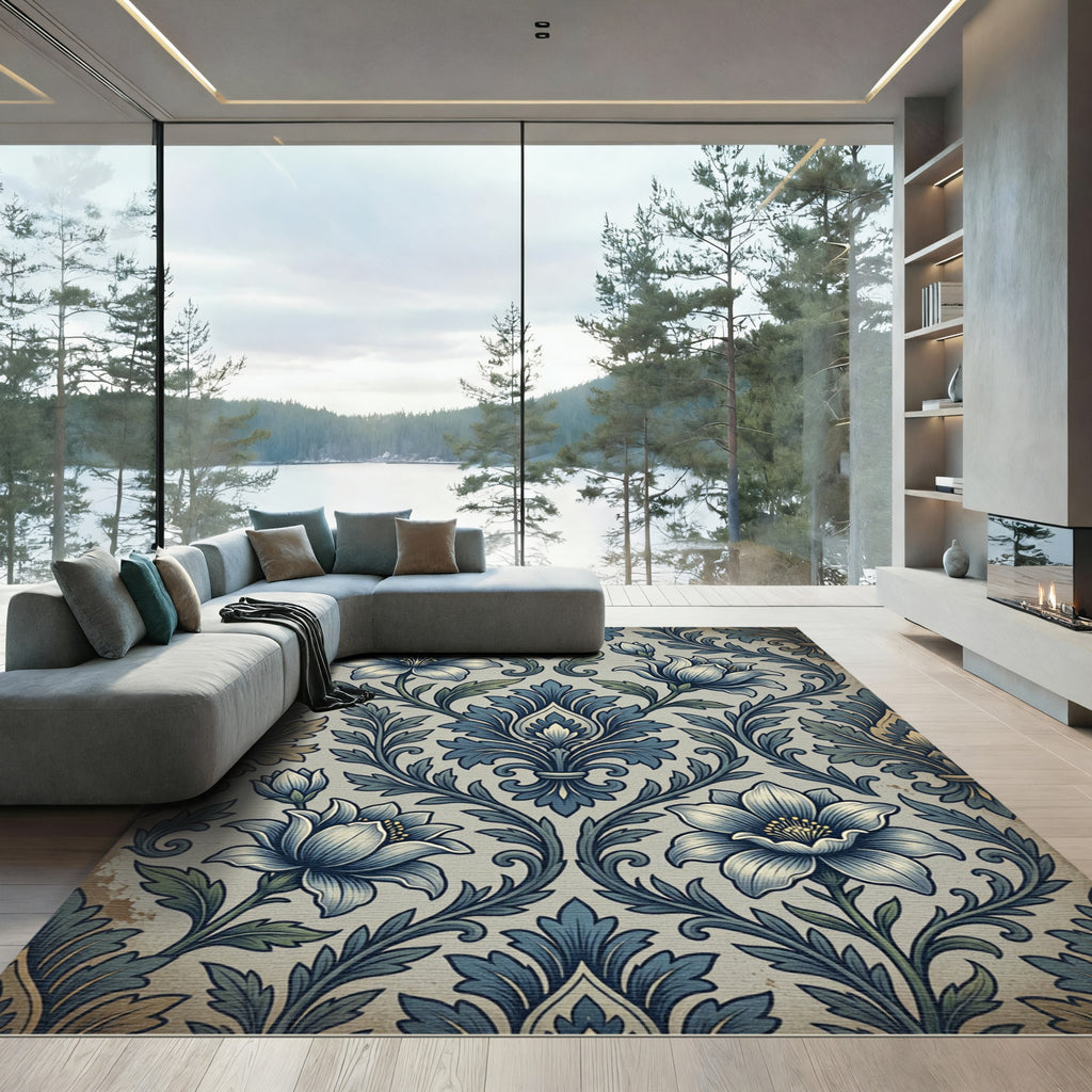 Classic Blue Floral Damask Rug