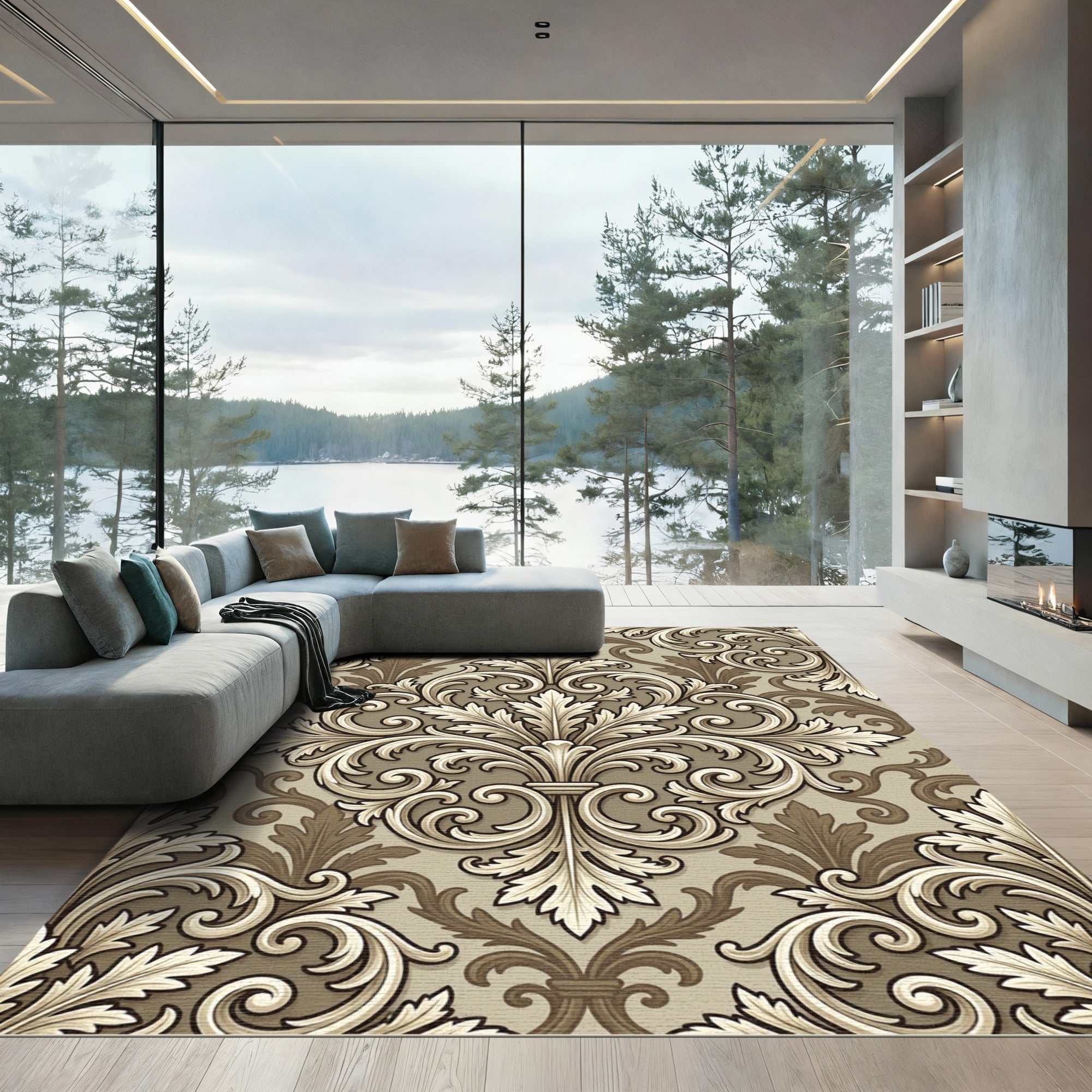 Classic Scrollwork Beige Floral Damask Rug