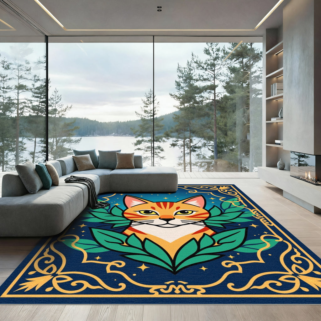 Orange Tabby Cat With Golden Frame Rug