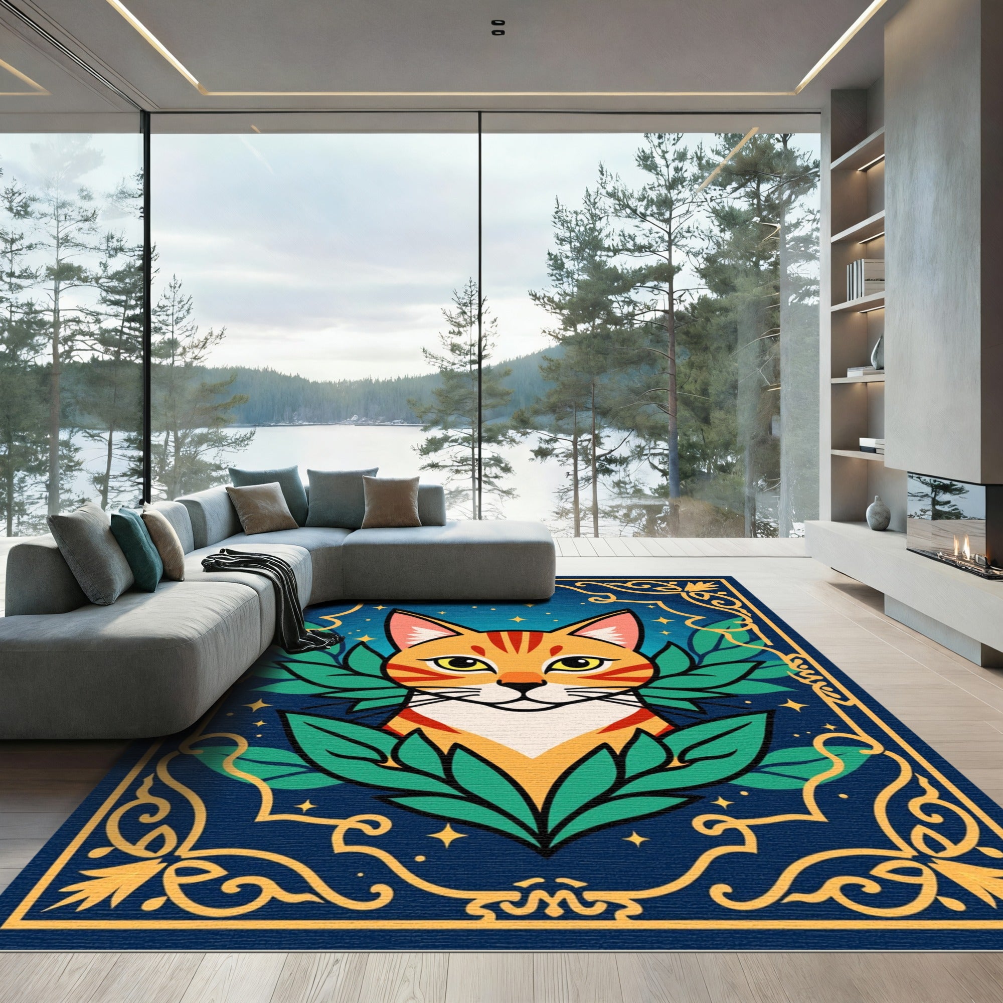 Orange Tabby Cat With Golden Frame Rug