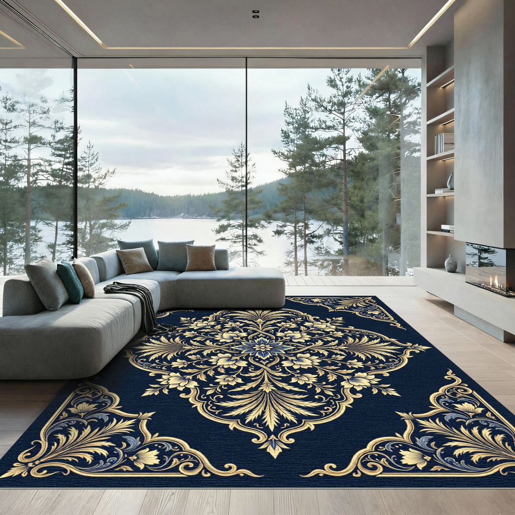 Elegant Navy Blue Golden Floral Medallion Rug