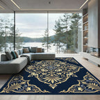Elegant Navy Blue Golden Floral Medallion Rug