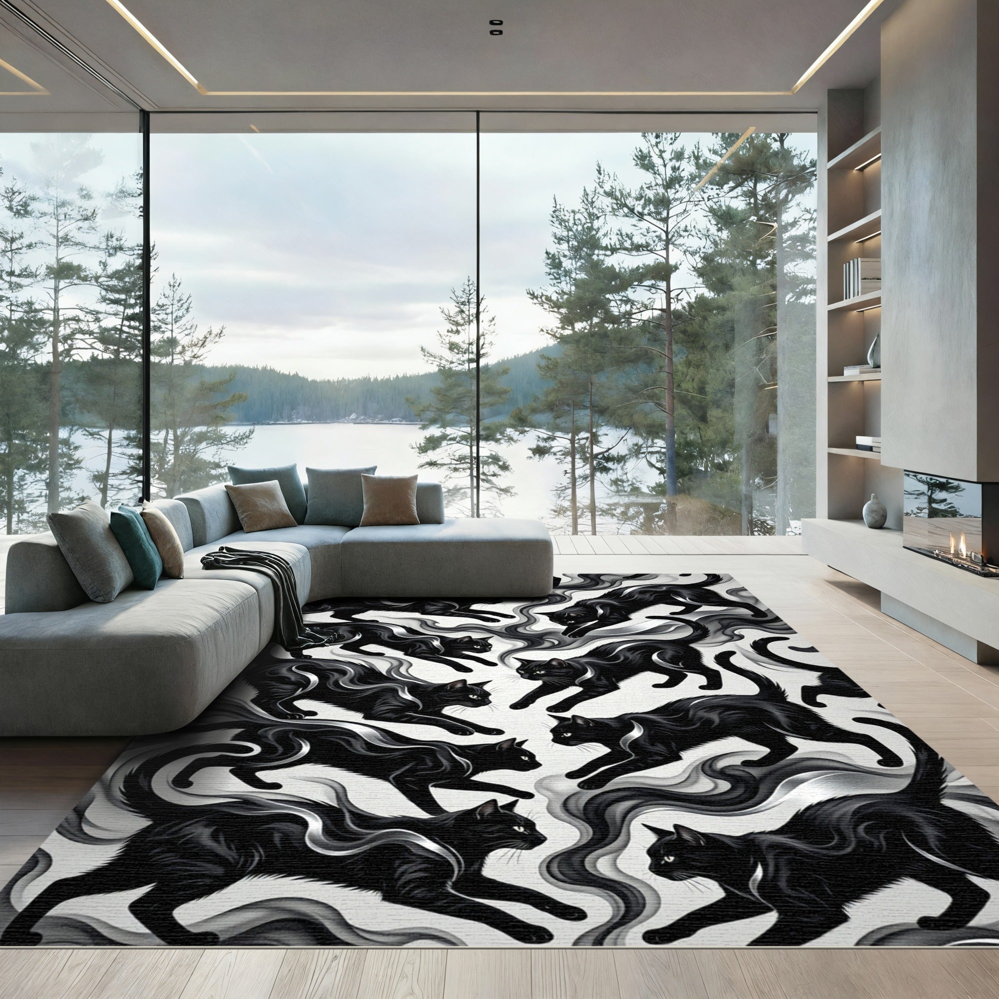 Black Cats Smoke Swirls Rug