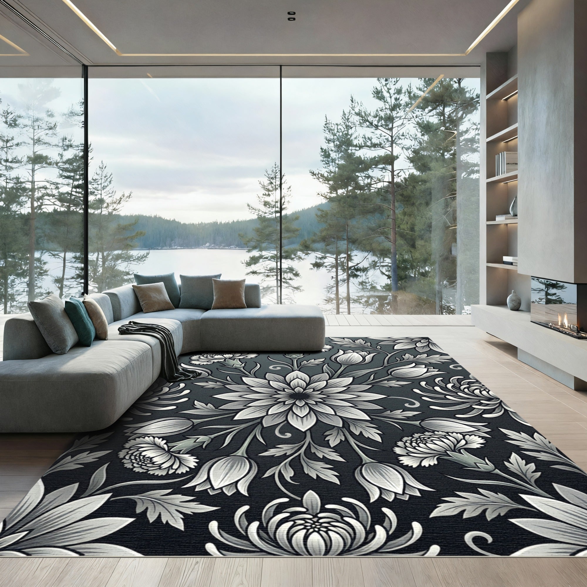 Monochromatic Floral Symmetry Botanical Rug