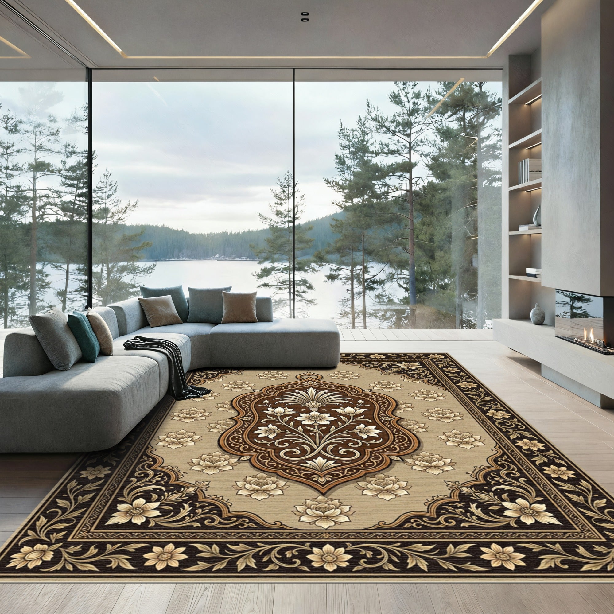 Elegant Brown Floral Medallion Garden Rug