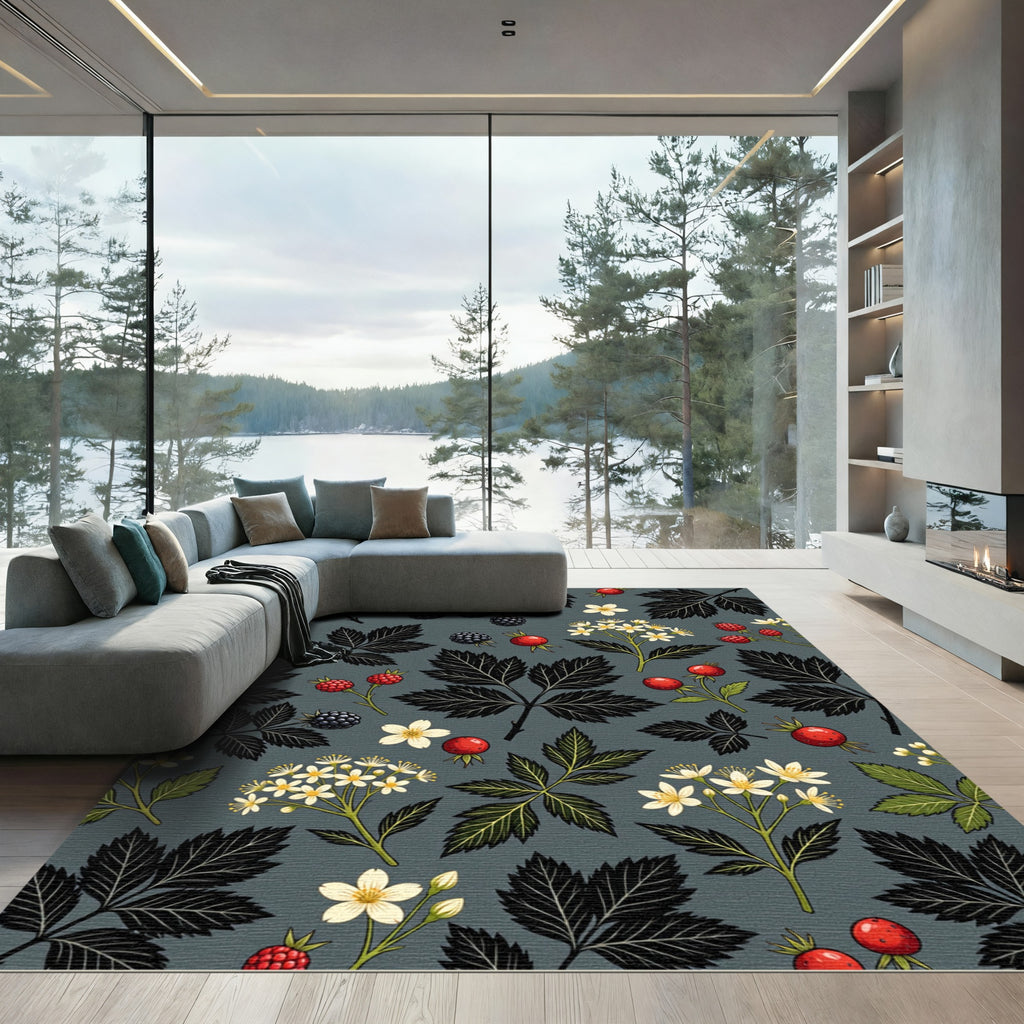 Dark Gray Botanical Berry Floral Rug