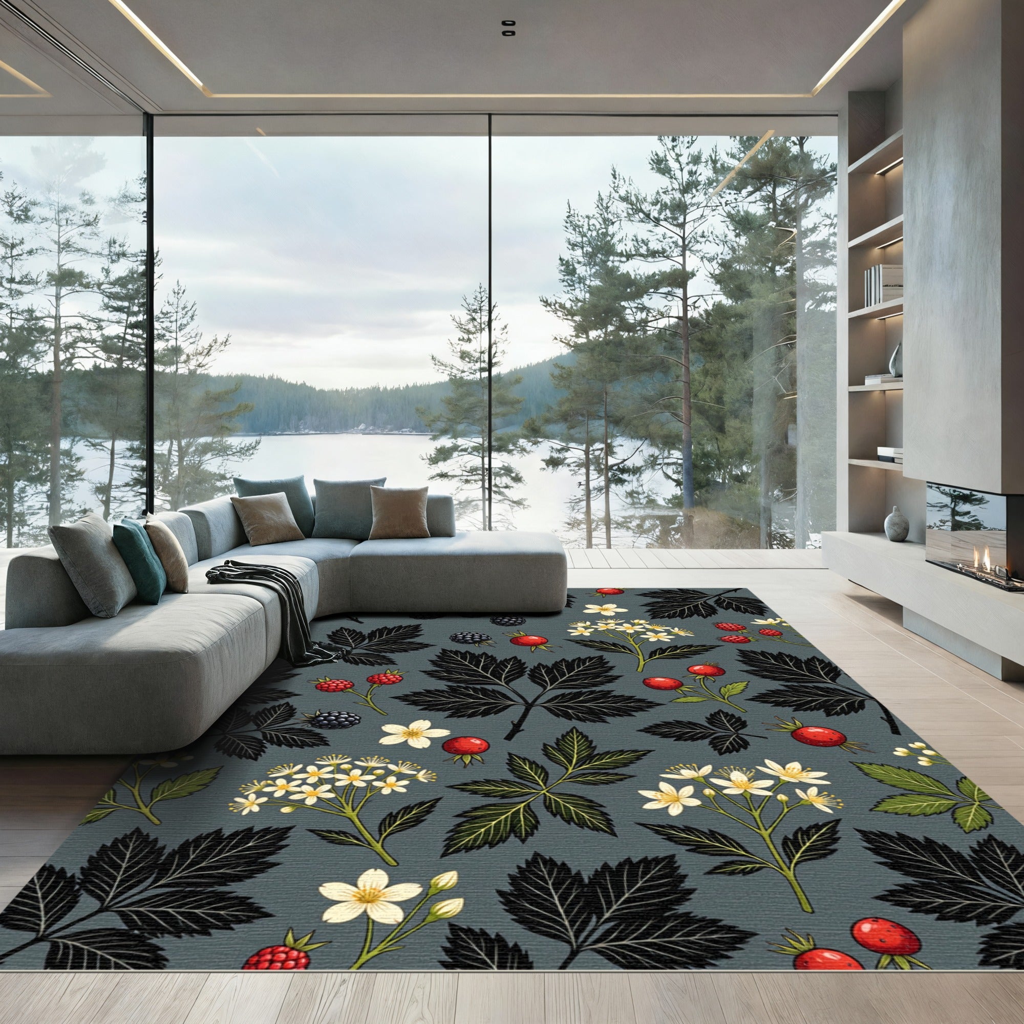 Dark Gray Botanical Berry Floral Rug