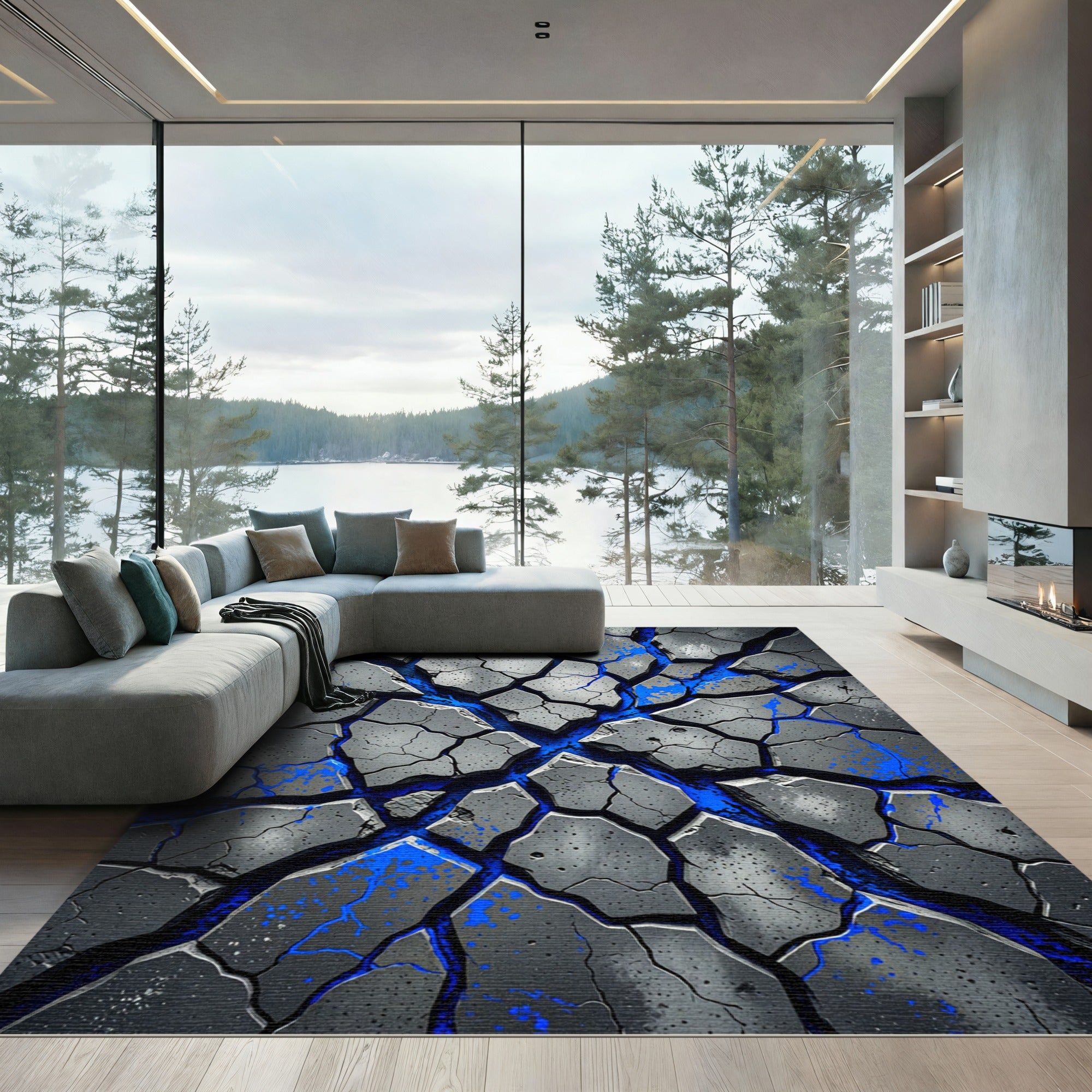 Cracked Gray Blue Lava Flow Rug