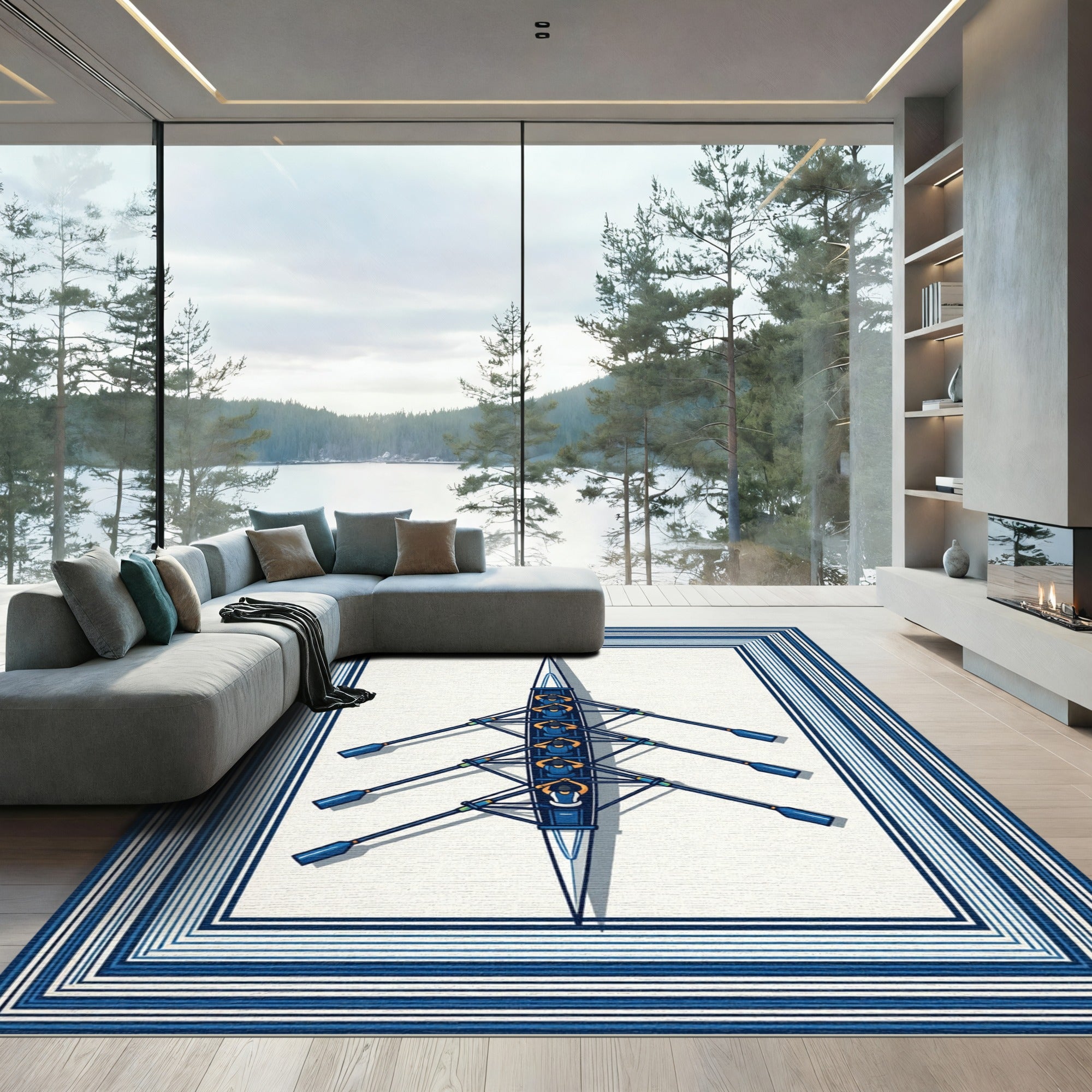 Minimalist Blue Rowing Team Nautical Art Rug