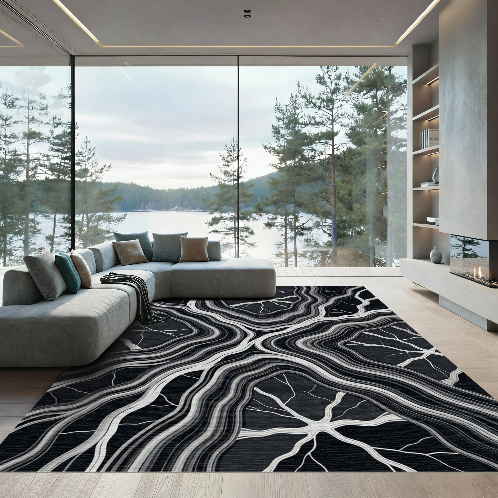 Monochromatic Black And White Organic Vein Rug