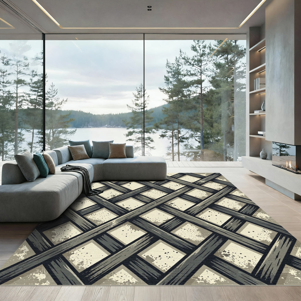 Modern Charcoal Lattice Grid Rug
