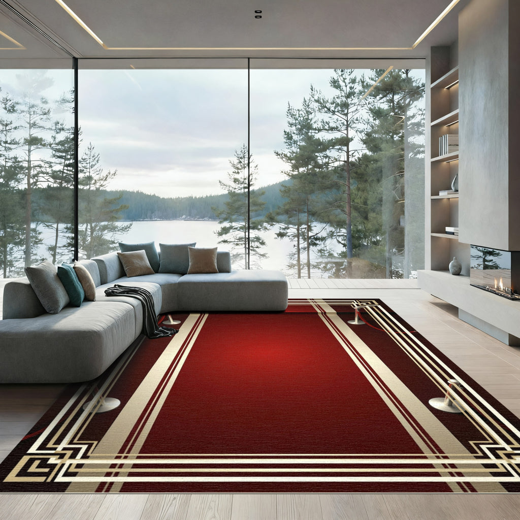 Art Deco Crimson Velvet Gala Border Rug
