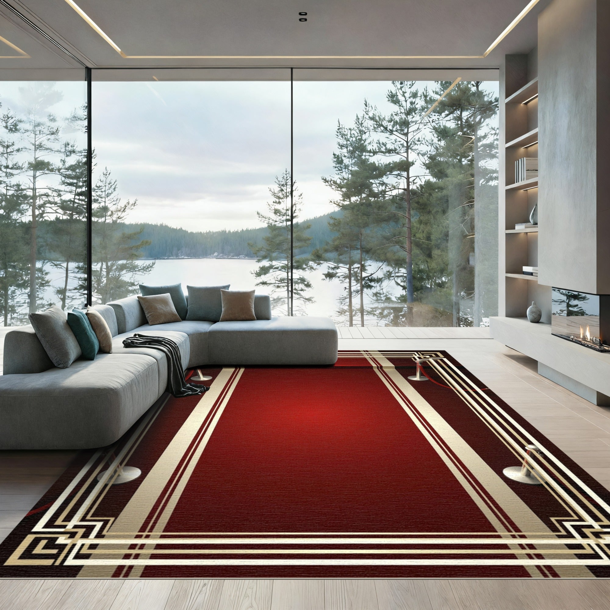 Art Deco Crimson Velvet Gala Border Rug