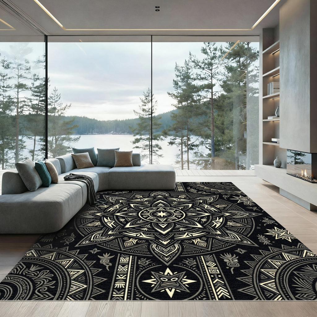 Monochromatic Celestial Maya Sun Medallion Rug